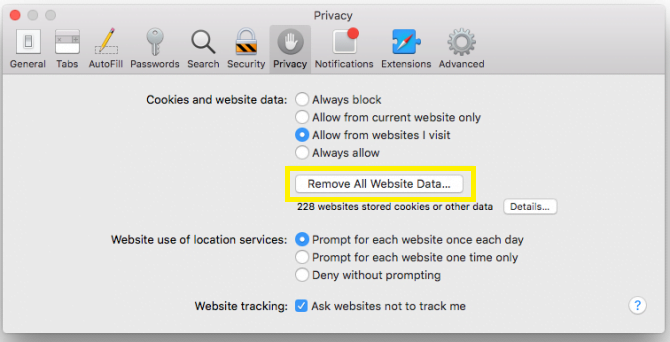 safari delete browser data